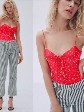 Zara Red Star-Print Lace-Up Bodysuit small